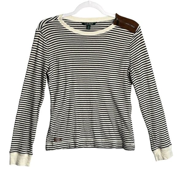 Lauren Ralph Lauren Sz M Striped Long Sleeve Suede Elbow Patches nautical navy - Picture 1 of 10
